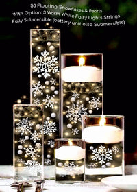 50 Floating White Snowflakes & Pearls-Plus Transparent Water Gels That Fills 1 Gallon for Your Vases- Option: 3 Submersible LED Fairy Lights Strings with Hidable & Submersible Batteries