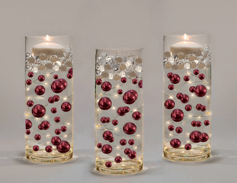 75 Floating Burgundy Pearls-Large-Fills 1 Gallon of the Floating Transparent Gels for Vases-With Measured Gels Kit-Option 3 Fairy Lights Submersible Strings