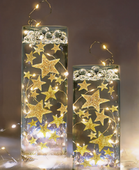50 Floating Gold Stars-Sparkling- Large Sizes- Fills 1 Gallon of the Transparent Floating Gels for Your Vases -With Pre-Measured Prep Bags -Option of 3 Submersible Fairy Lights Strings