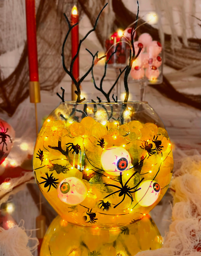 75 Floating Spiders, Orange Gems, Black Gels- Fills 1 Gallon for Your Vases- With Options: 3 Submersible Orange Fairy Lights, and 6 Eyeballs