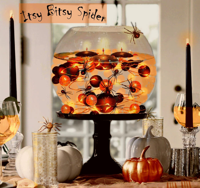 75 Floating Spiders, Orange Gems, Black Gels- Fills 1 Gallon for Your Vases- With Options: 3 Submersible Orange Fairy Lights, and 6 Eyeballs