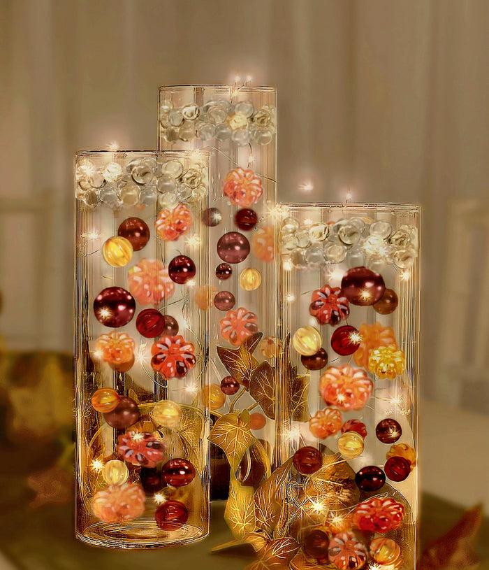 50 Fall Thanksgiving Floating Glowing Pumpkins & Matching Pearls- Fills 1 Gallon of the Floating Transparent Gels for Your Vase- Option to Add 3 Floating Fairy Lights Strings