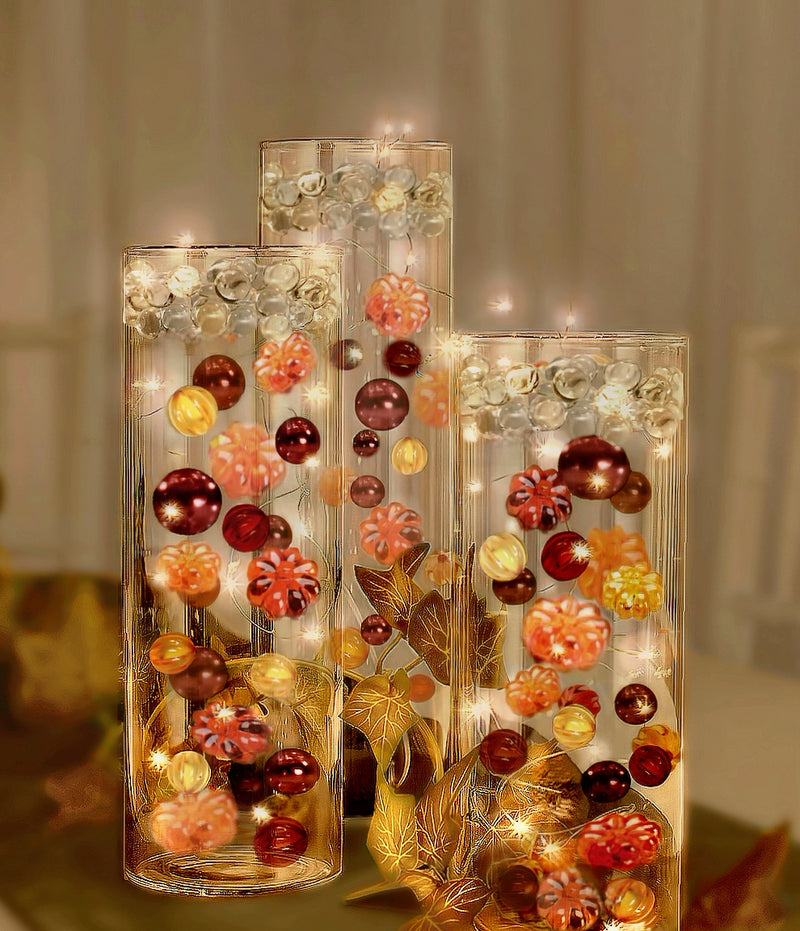 50 Fall Thanksgiving Floating Glowing Pumpkins & Matching Pearls- Fills 1 Gallon of the Floating Transparent Gels for Your Vase- Option to Add 3 Floating Fairy Lights Strings