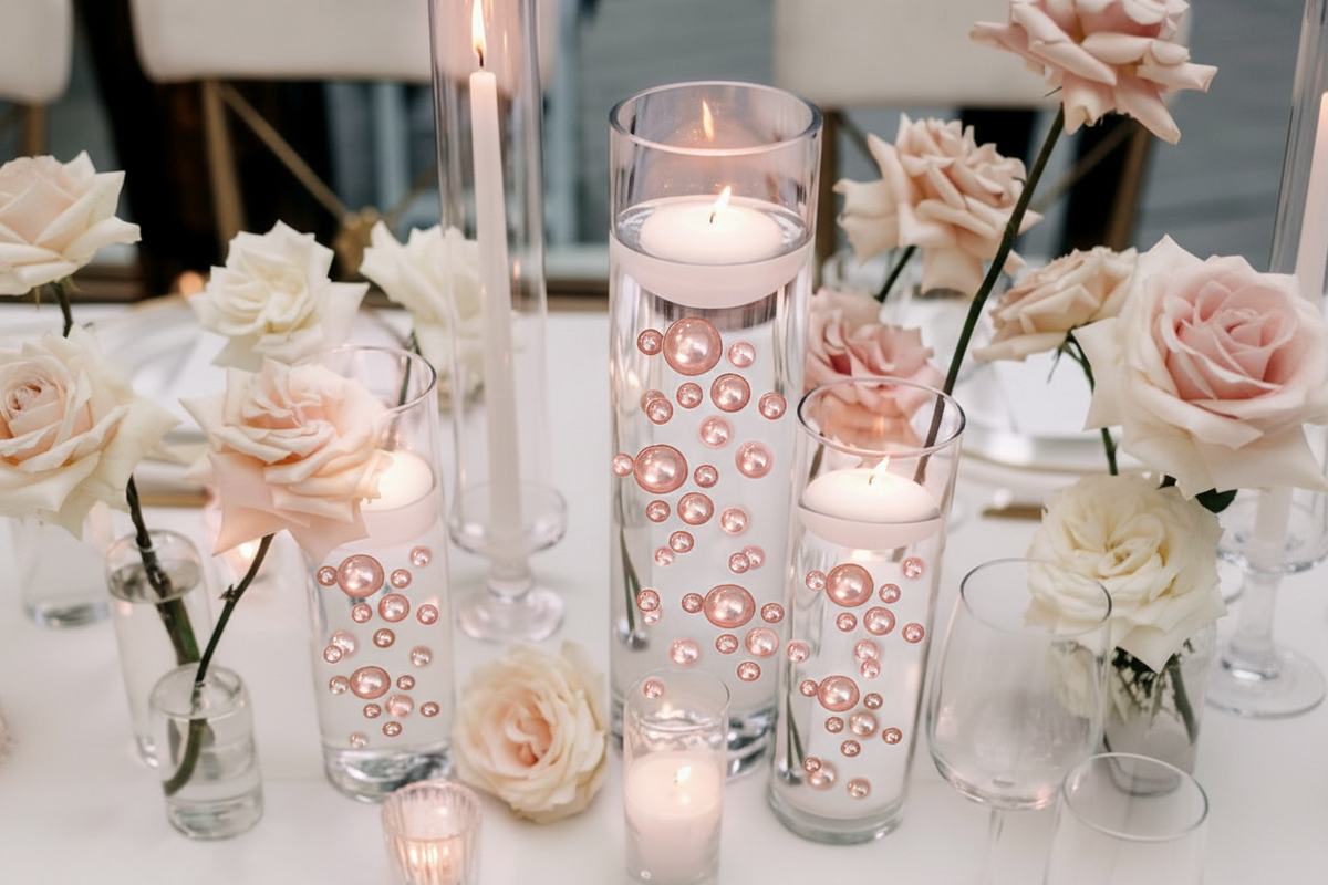 80 perles et pierres précieuses "flottantes" en or rose clair sans trou Jumbo et décorations de vase de tailles assorties + comprend des gels d'eau transparents pour faire flotter les perles
