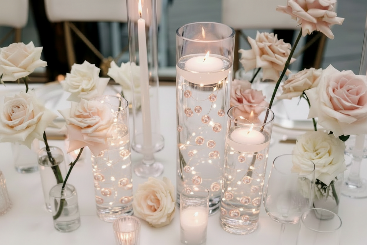 80 perles et pierres précieuses "flottantes" en or rose clair sans trou Jumbo et décorations de vase de tailles assorties + comprend des gels d'eau transparents pour faire flotter les perles