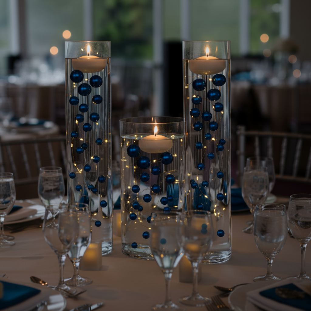 75 Floating Royal Blue (Navy) Pearls Large Sizes- Option of 3 Submersible Fairy Lights Strings Hidable Submersible Batteries- 1 Gallon of Transparent Water Gels for Vases