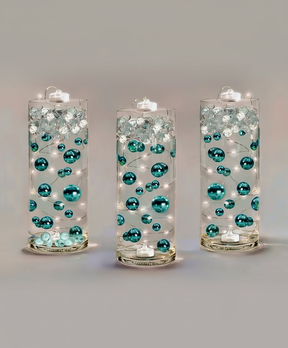 50 Floating White & Aqua Blue Snowflakes & Pearls-Plus Transparent Water Gels That Fills 1 Gallon for Your Vases- Option: 3 Submersible LED Fairy Lights Strings with Hidable & Submersible Batteries