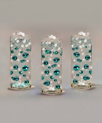 50 Floating White & Aqua Blue Snowflakes & Pearls-Plus Transparent Water Gels That Fills 1 Gallon for Your Vases- Option: 3 Submersible LED Fairy Lights Strings with Hidable & Submersible Batteries
