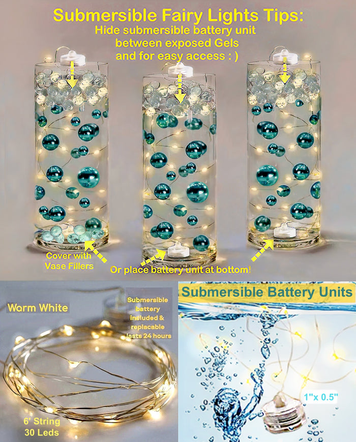 75 Floating Rose Gold Pearls- Large- Option to Add 3 Submersible LED Fairy Lights Strings with Hidable Submersible Batteries- 1 Gallon of Transparent Water Gels for Vases