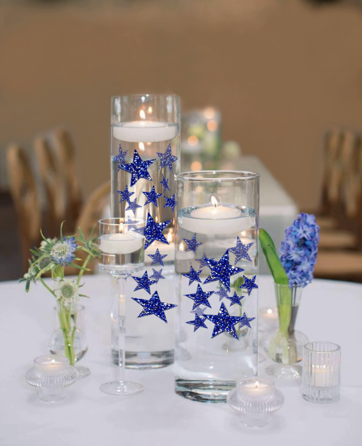 50 Blue Floating Stars-Sparkling Large Size-Makes 1 Gallon for Your Vases-Including Transparent Floating Gels Kit-Option 3 Submersible LED Fairy Lights Strings with Hidable and Submersible Battery