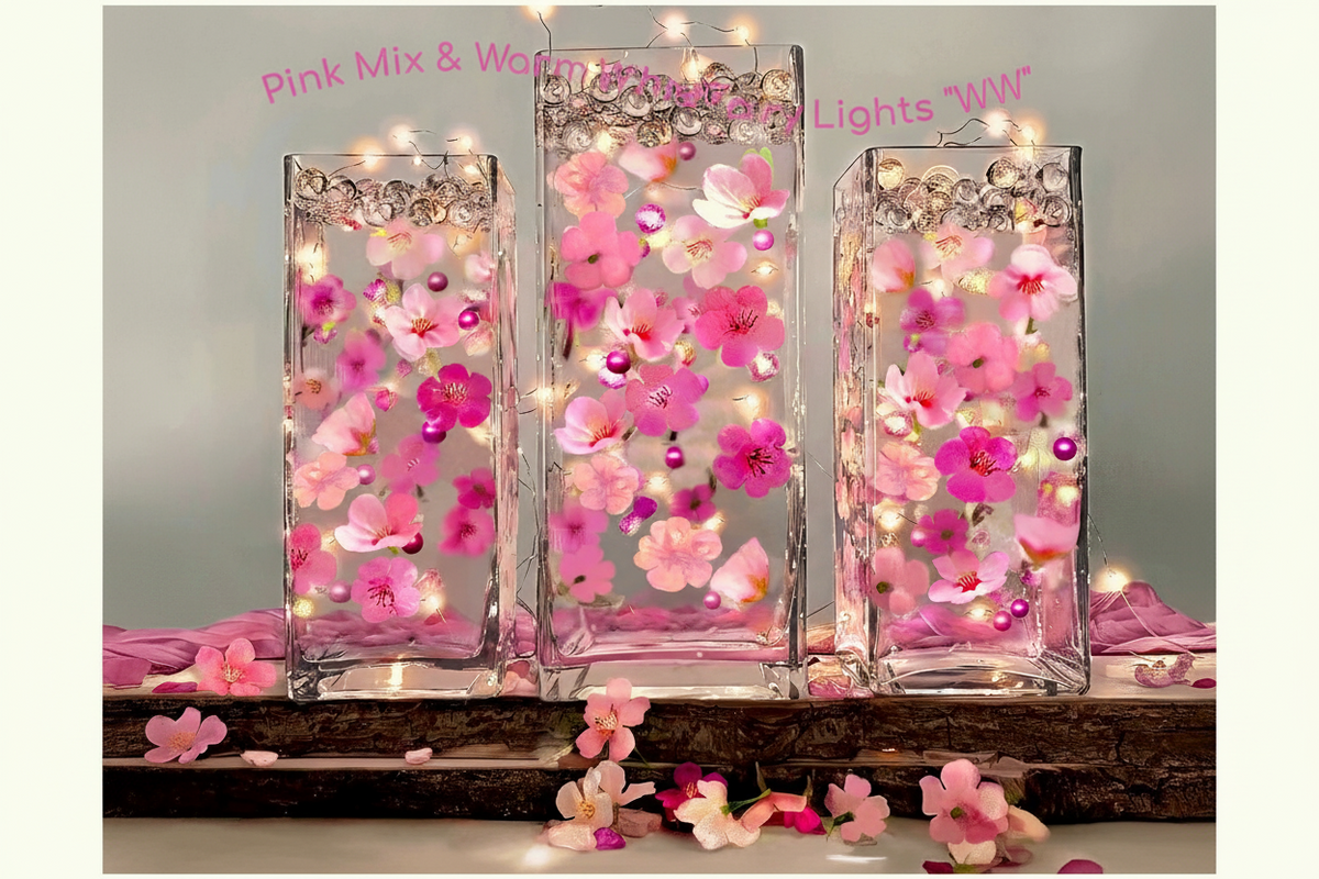 Schwimmende rosa Kirschblüten-Seidenblumen und Rosenquarz-Rosa-Meerglas – jede füllt 1 Gallone für Ihre Vasen – mit schwimmendem Gel-Set mit abgemessenem Vorbereitungsbeutel – Option für tauchfähige Lichterketten – Vasendekorationen