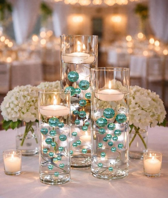 80 "Floating" Turquoise - Robin Egg Blue Pearls and Gems No Hole Jumbo & Assorted Sizes Vase Decorations + Comprend des gels d'eau transparents pour faire flotter les perles
