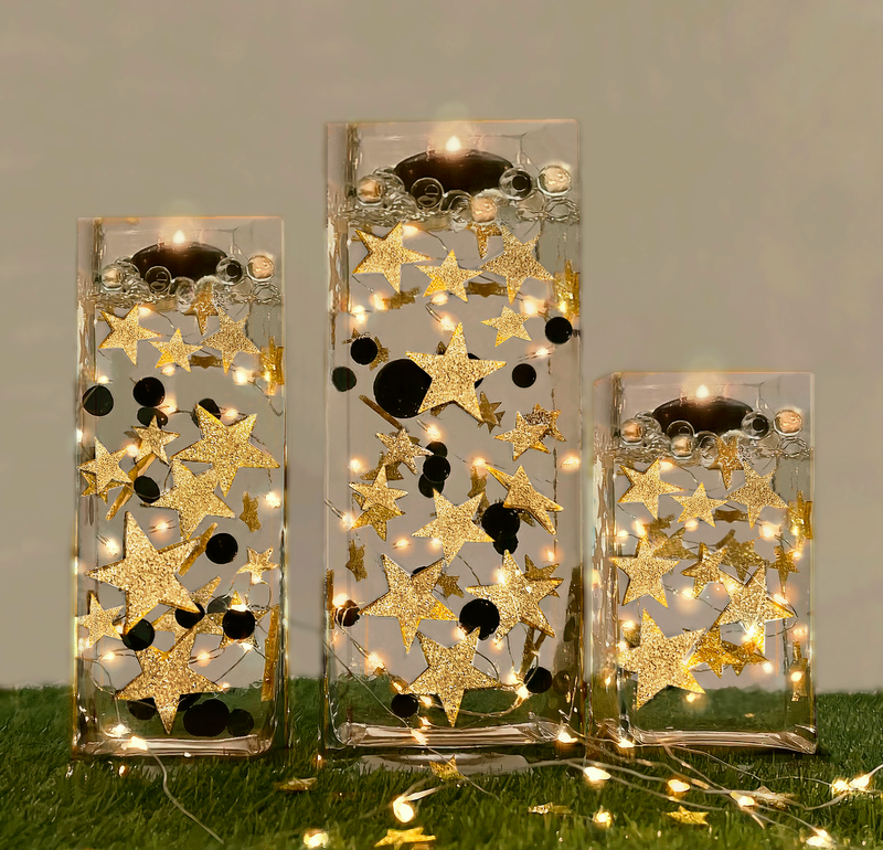 50 Floating Gold Stars-Sparkling- Large Sizes- Fills 1 Gallon of the Transparent Floating Gels for Your Vases -With Pre-Measured Prep Bags -Option of 3 Submersible Fairy Lights Strings