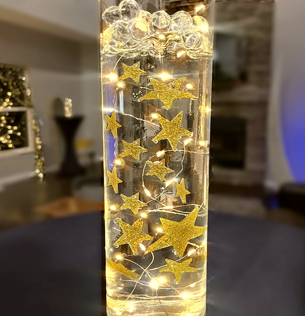 50 Floating Gold Stars-Sparkling- Large Sizes- Fills 1 Gallon of the Transparent Floating Gels for Your Vases -With Pre-Measured Prep Bags -Option of 3 Submersible Fairy Lights Strings