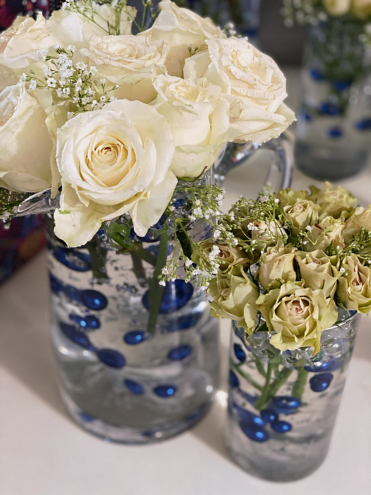 75 Floating Royal Blue (Navy) Pearls Large Sizes- Option of 3 Submersible Fairy Lights Strings Hidable Submersible Batteries- 1 Gallon of Transparent Water Gels for Vases