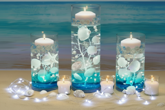 75 Floating White Seashells and a Few Mixed- Coral Reef- Pearls- Aqua Beads- Option of 3 Submersible LED Fairy Lights Strings Warm White (Hidable Submersible Batteries)- Fills 1 Gallon of the Transparent Gels