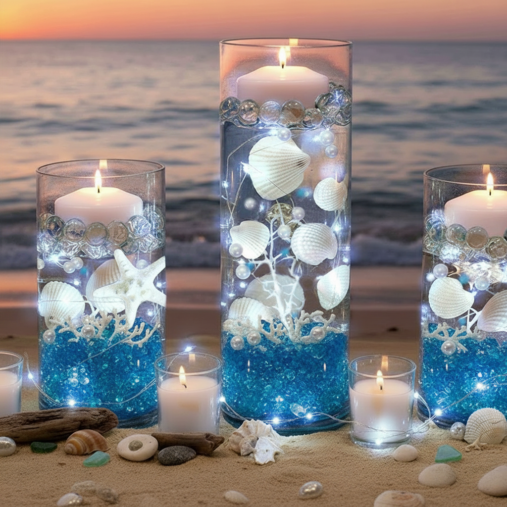 50 Floating White Seashells/Starfish/Coral Reef/Pearls/Aqua Blue Beads-Option: 3 Submersible LED Fairy Lights Strings/Hidable Submersible Batteries-Makes 1 Gallon of the Transparent Water Gels for the Floating Effects