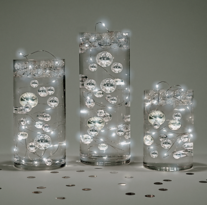 Floating Metallic Silver Pearls-Jumbo Sizes-Fills 1 Gallon of Floating Pearls & the Transparent Gels for Floating Effect-With Exclusive Measured Floating Gels Prep Bag- Option: 3 Submersible Fairy Lights Strings