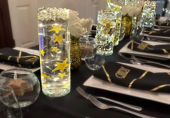 50 Floating Gold Stars-Sparkling- Large Sizes- Fills 1 Gallon of the Transparent Floating Gels for Your Vases -With Pre-Measured Prep Bags -Option of 3 Submersible Fairy Lights Strings
