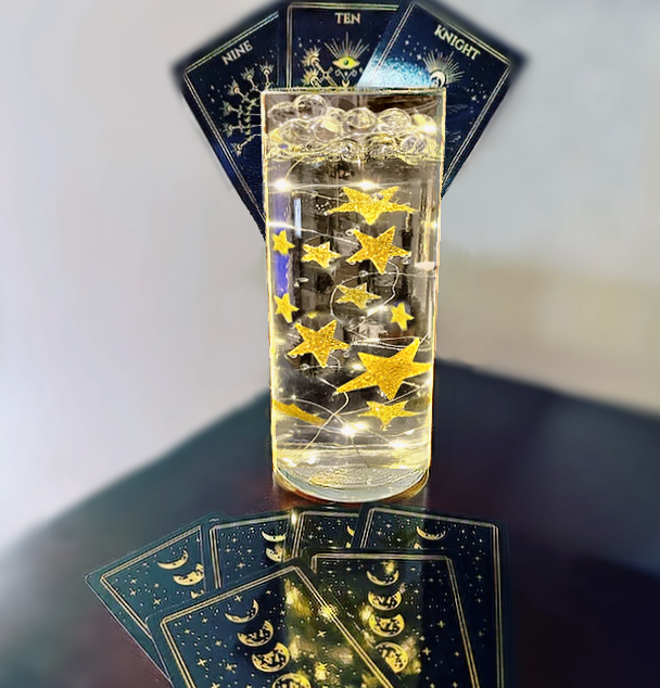 50 Floating Gold Stars-Sparkling- Large Sizes- Fills 1 Gallon of the Transparent Floating Gels for Your Vases -With Pre-Measured Prep Bags -Option of 3 Submersible Fairy Lights Strings